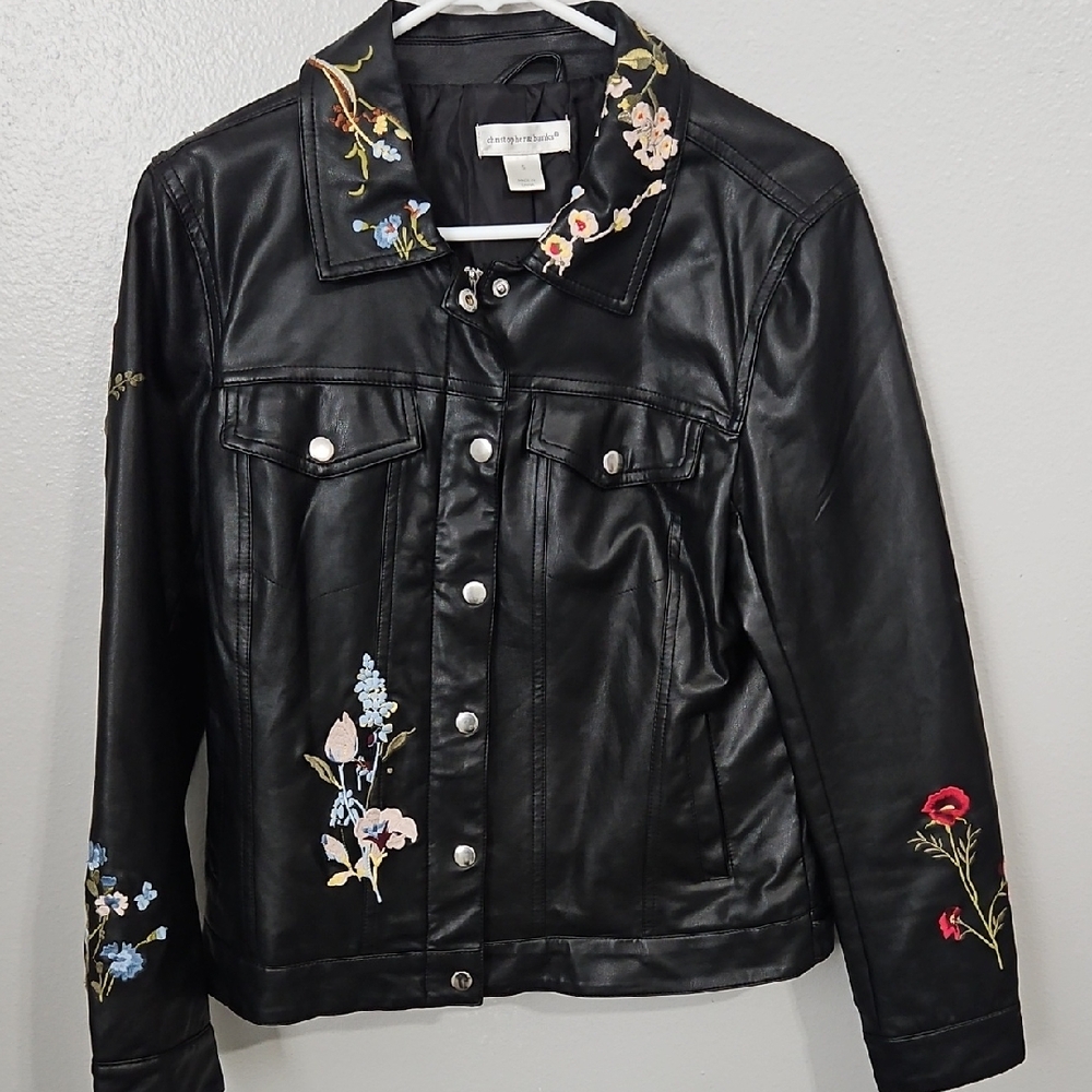 Christopher & Banks Black Faux Leather Jacket with Floral Embroidery
